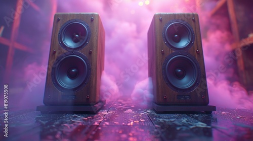 High-end wooden speakers with vibrant purple smoke and soft lighting in a cozy room