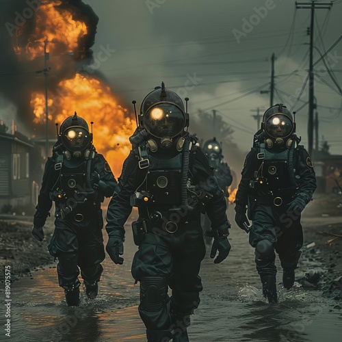 vivid realistic depiction the belligerent fish man Mayor leading the black clad stasi stormtroopers through the rural suburban neighborhood battlefields with explosions and debris
