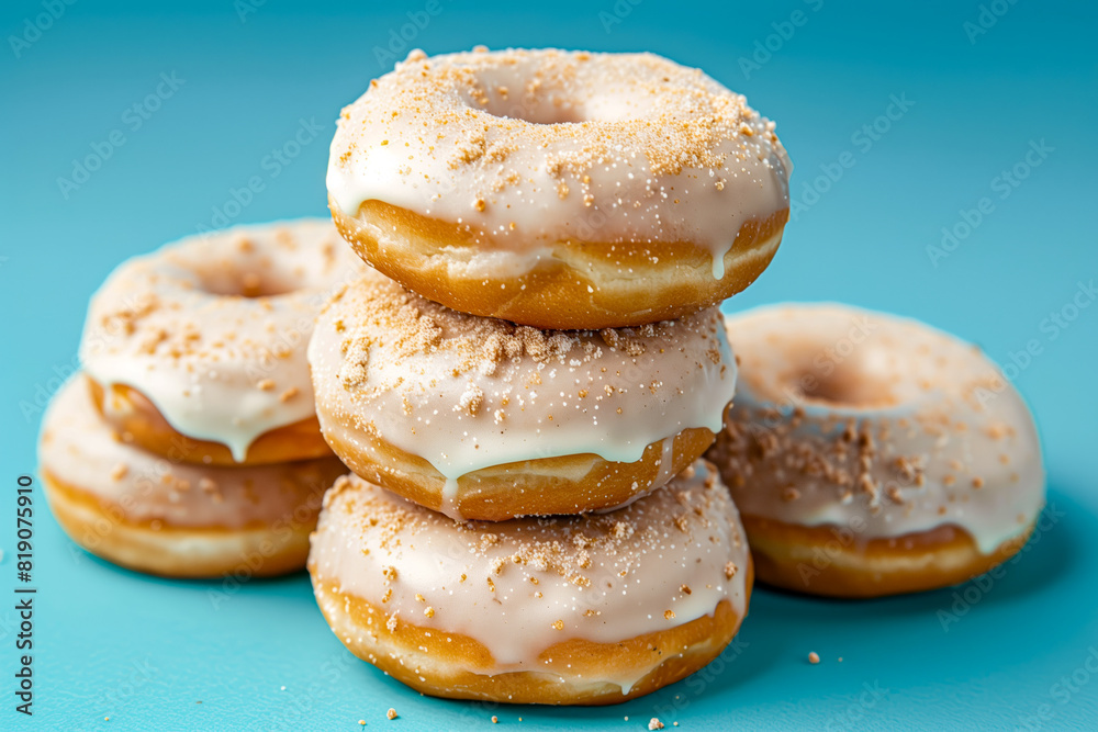 Donuts stacked on top of each other on a blue surface