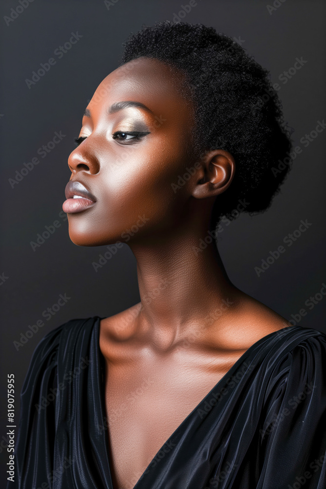 A woman in black dress against black background A woman in black dress against black background