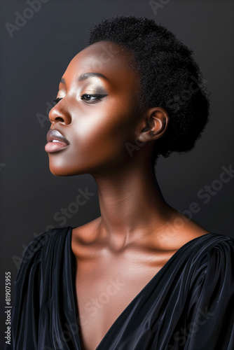 A woman in black dress against black background