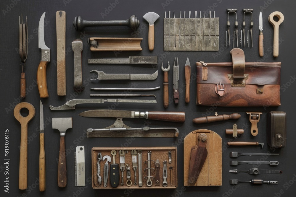 Various tools arranged on a table, suitable for DIY projects or construction concepts Various tools arranged on a table, suitable for DIY projects or construction concepts