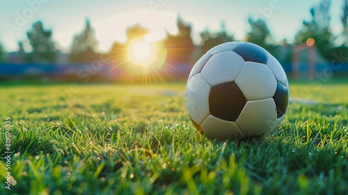 A soccer ball on the sunlit grass