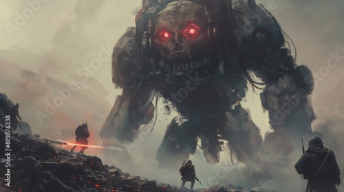 Evil giant being with red eyes fighting soldiers. photo