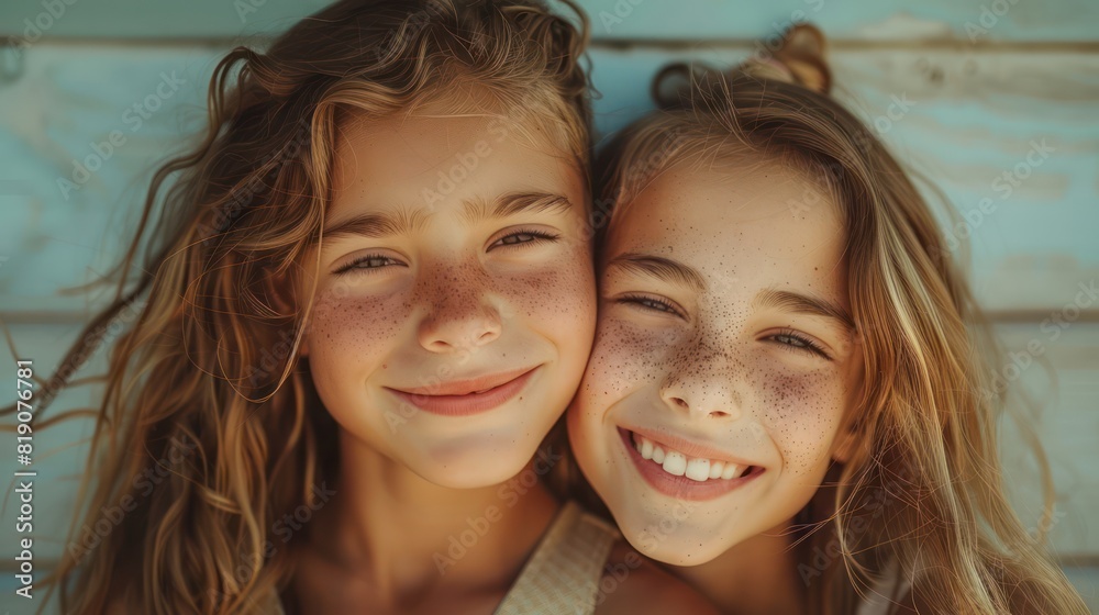 A close-up portrait of two young girls with freckles, smiling happily in natural light A close-up portrait of two young girls with freckles, smiling happily in natural light
