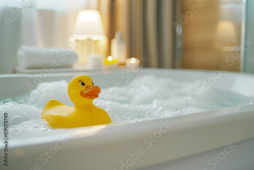 A rubber duck floating in a bathtub filled with bubbles photo