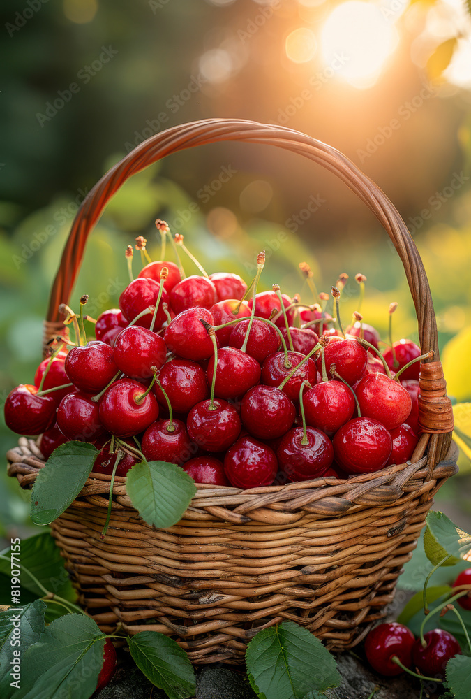 Basket with ripe red cherries on the natural background Basket with ripe red cherries on the natural background
