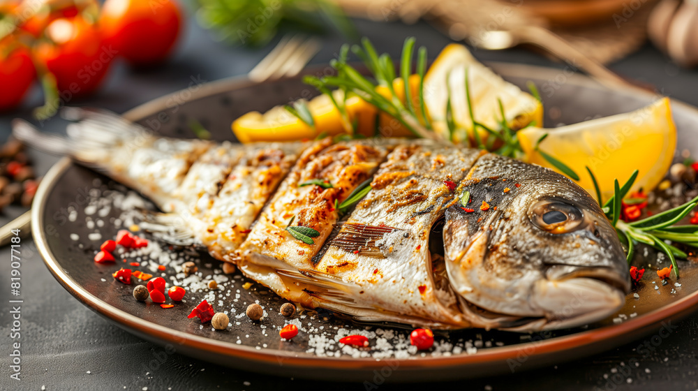 A plate of dorada fish with lemons and spices A plate of dorada fish with lemons and spices