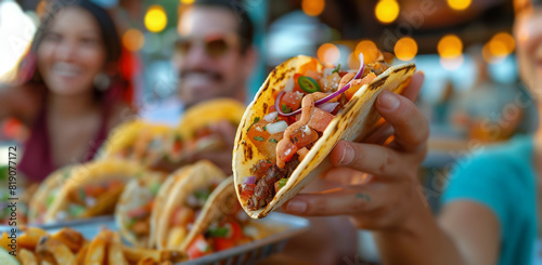 Woman Holds Two Tacos in Front of a Crowd