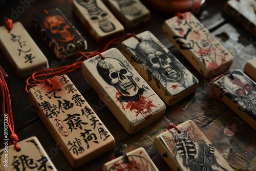 Collection of wooden tags with Asian writing, perfect for adding an exotic touch to your projects
