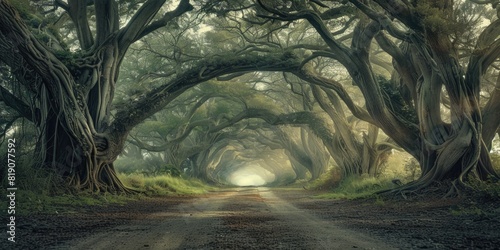 Extraterrestrial world. Huge trees. Abandoned road