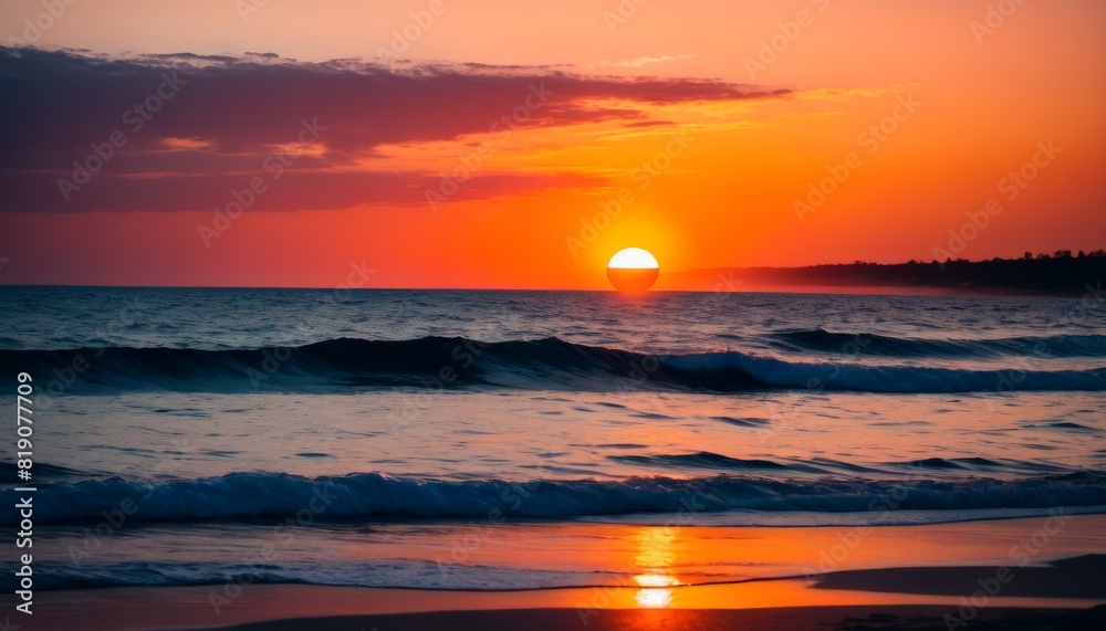 A captivating sunset paints the horizon as vibrant waves caress a sandy beach, encapsulating the essence of a seaside sunset.. AI Generation A captivating sunset paints the horizon as vibrant waves caress a sandy beach, encapsulating the essence of a seaside sunset.. AI Generation