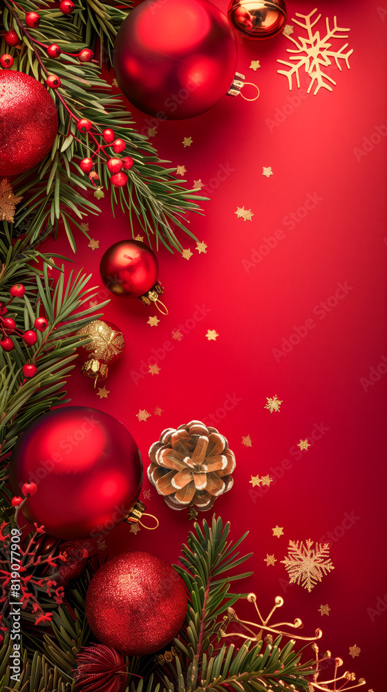 Christmas decorations with red background, pine cones, and fir branches Christmas decorations with red background, pine cones, and fir branches