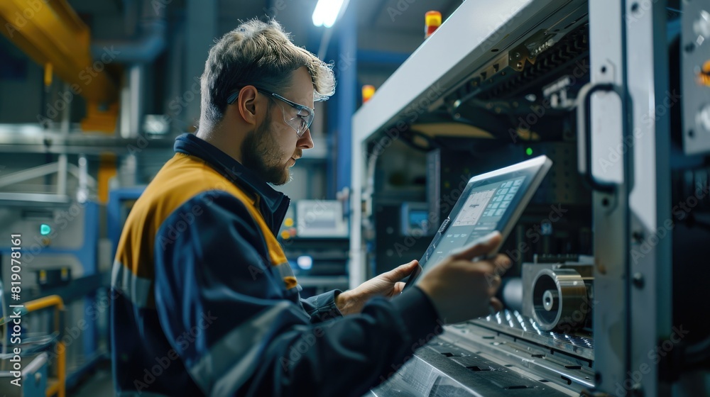 Factory worker is programming a CNC milling machine with a tablet computer.