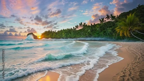 A beautiful beach with a large body of water and mountains in the background. The sun is setting, creating a warm and peaceful atmosphere