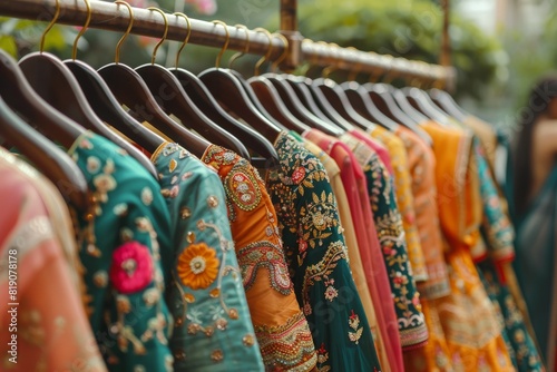 Row of Colorful Indian Sarees on Wooden Rack