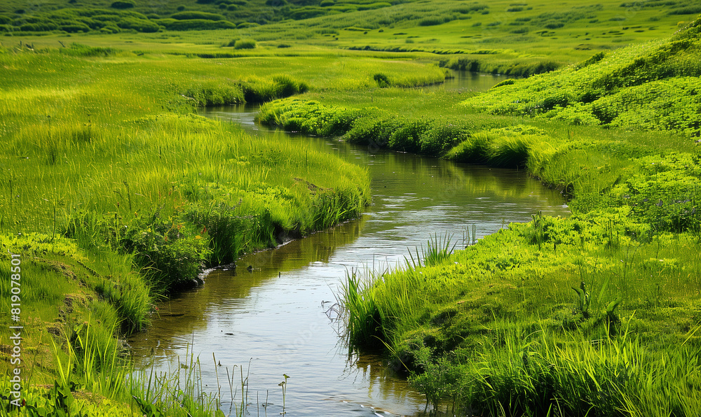 A beautiful green meadow with a calm stream flowing lazily is a place where you can find inner balance and peace. A beautiful green meadow with a calm stream flowing lazily is a place where you can find inner balance and peace.