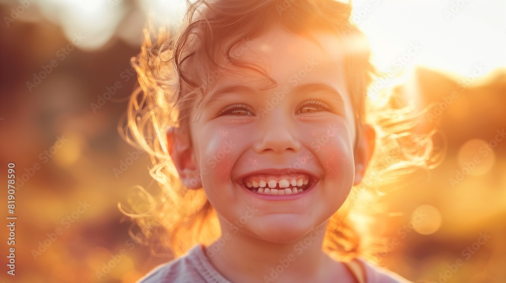 Fototapeta premium Rosy Cheeks of a Smiling Child, Captured in a Burst of Sunlight on a Cool Day