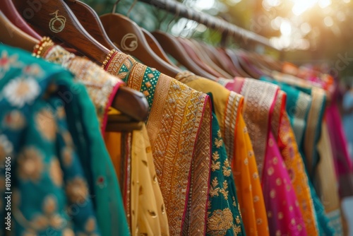 Row of Colorful Indian Sarees on Wooden Rack