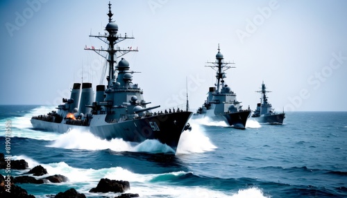Fleet of naval ships cutting through high waves in a show of maritime. AI Generation