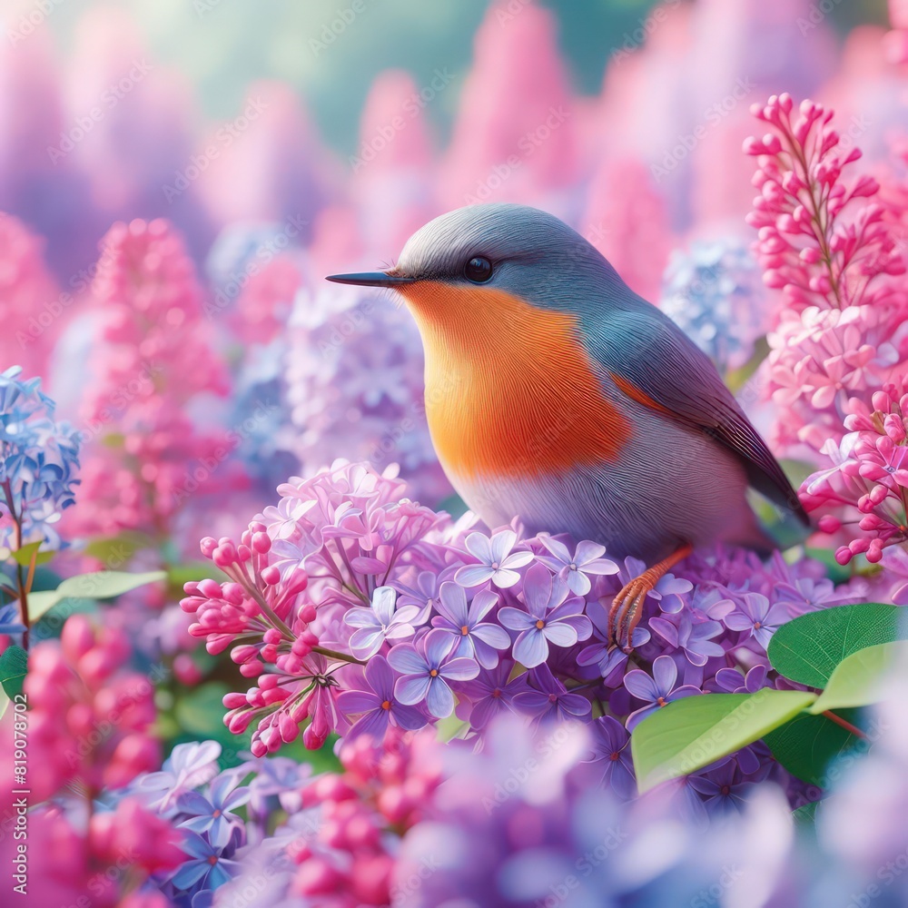 little bird on lilac Floral Patterns Background