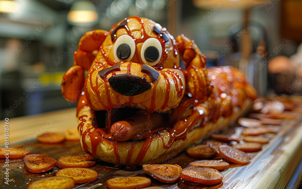 Hot dog is shaped like dog and covered in caramel sauce