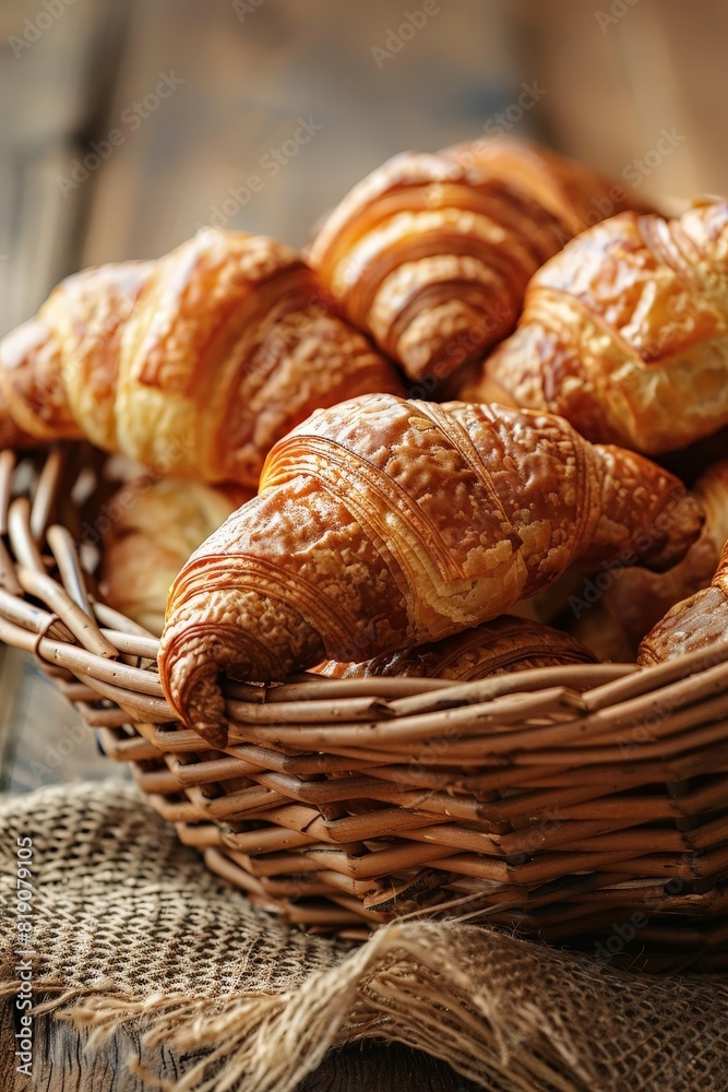 A basket of croissants sits on a table A basket of croissants sits on a table