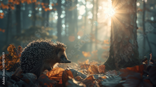 Hedgehog in morning forest photo
