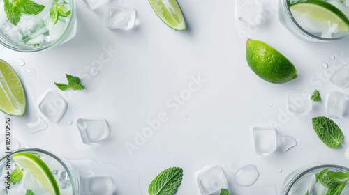 Flat lay template, frame with peppermint and limes on white background, Mojito cocktail concept photo