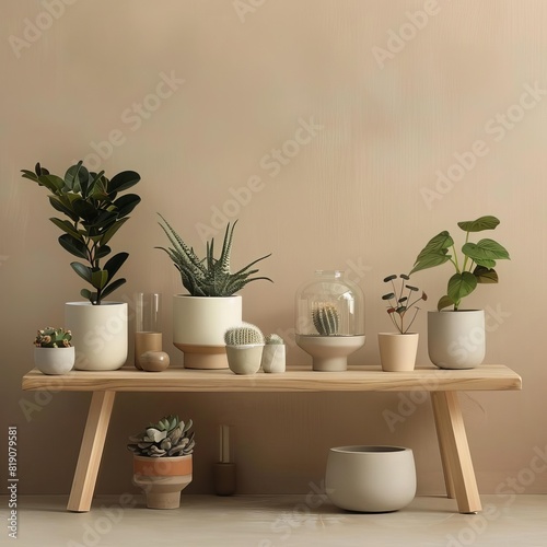 A variety of house plants in pots on a wooden bench against a beige background.