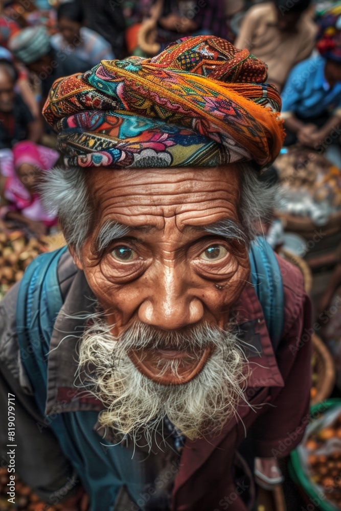 A man with a colorful turban on his head is smiling A man with a colorful turban on his head is smiling