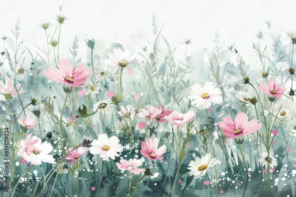 Vibrant painting of a field filled with pink and white flowers. Suitable for nature and floral themed designs Vibrant painting of a field filled with pink and white flowers. Suitable for nature and floral themed designs