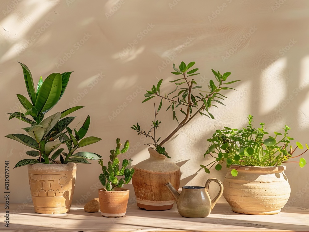 Fototapeta premium A variety of potted plants on a wooden shelf against a beige background