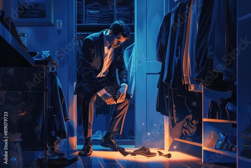 A man in a suit sitting inside a closet. Can be used for concepts related to hiding, privacy, or secrets