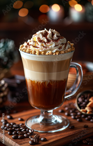 Coffee latte in tall glass with cream poured over and coffee beans on dark wooden background