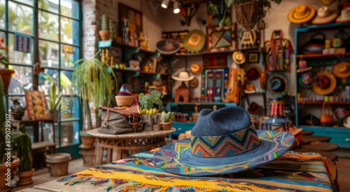 Colorful Hat Resting on Table in Mexican Shop