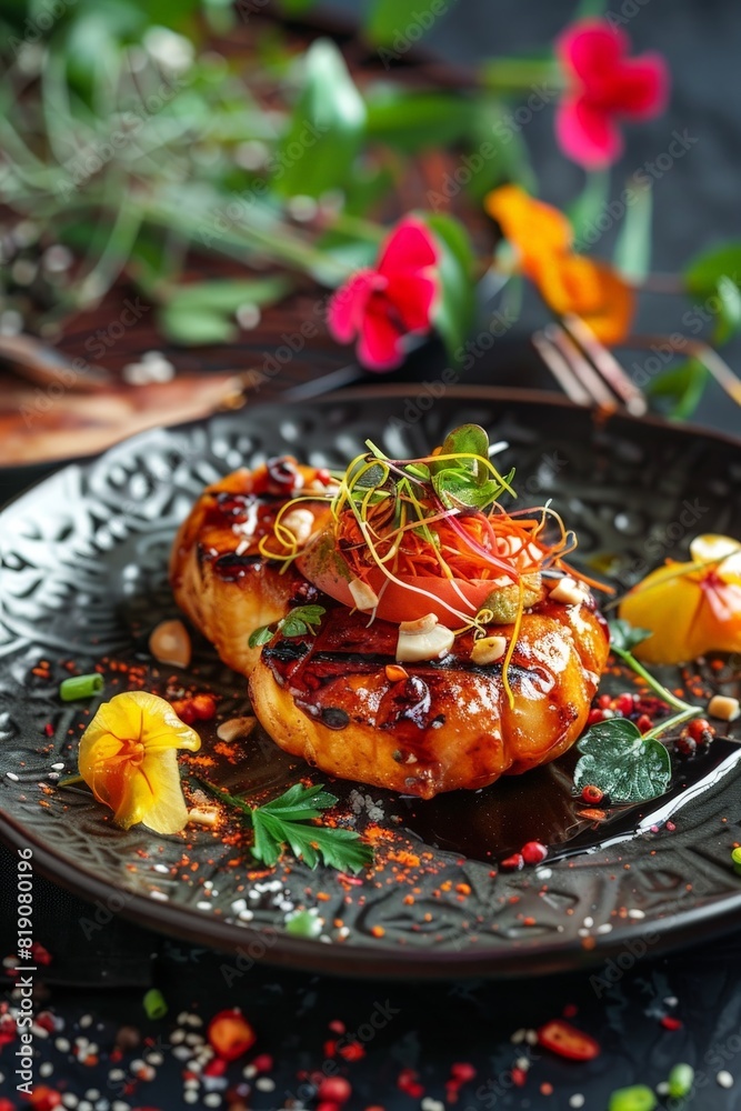 A plate of food with a garnish of flowers and herbs A plate of food with a garnish of flowers and herbs