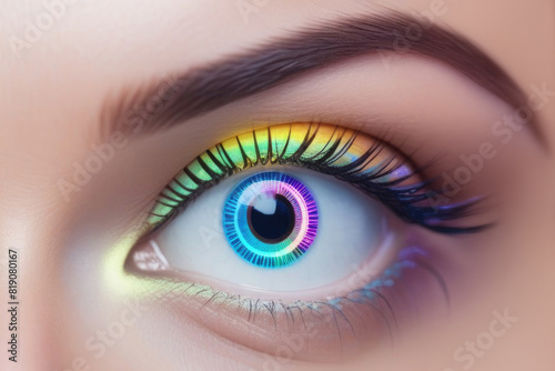 Female eye close up, with neon iris and bright long neon lashes. Black hole and lights in the eye. Computer technology concept, eyes protection