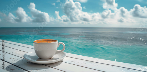 Coffee Cup on Wooden Deck Overlooking the Ocean