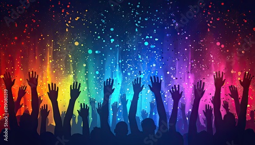 A colorful image of many hands reaching up in the air by AI generated image