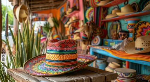 Colorful Hat Resting on Table in Mexican Shop