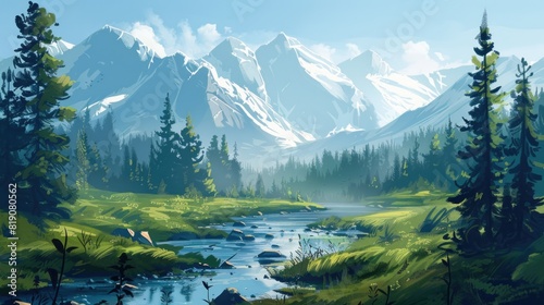 Fantasy landscape with river, forest and mountains. Digital painting photo