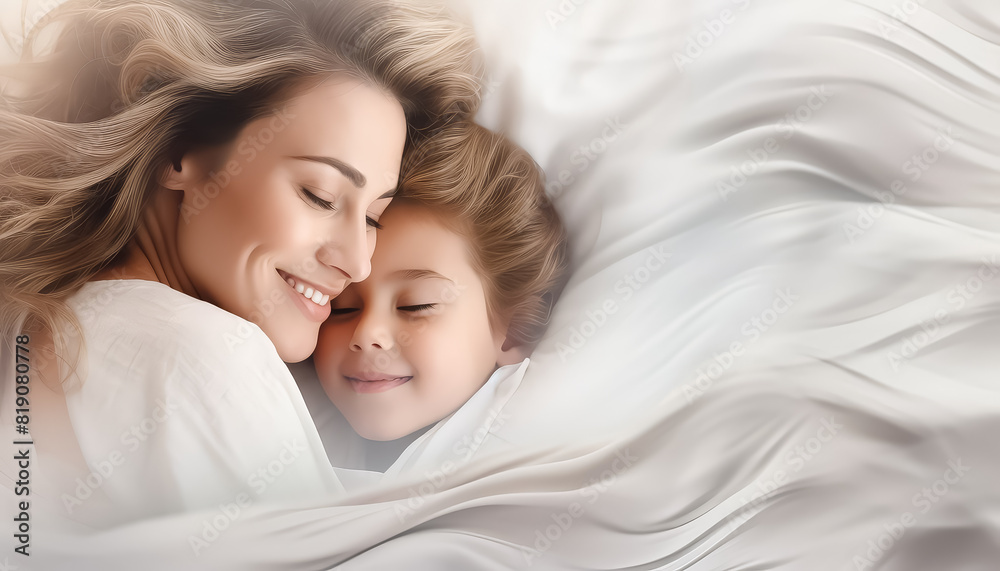 A woman and a child are laying on a bed, both smiling