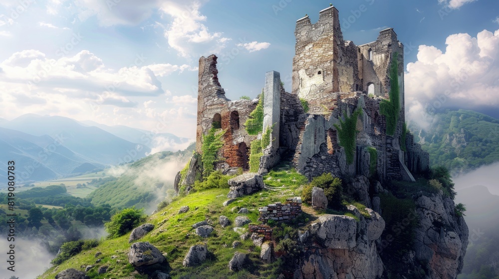  Fantasy medieval castle ruins. Beautiful landscape. Ancient stone walls. Brick stone tower