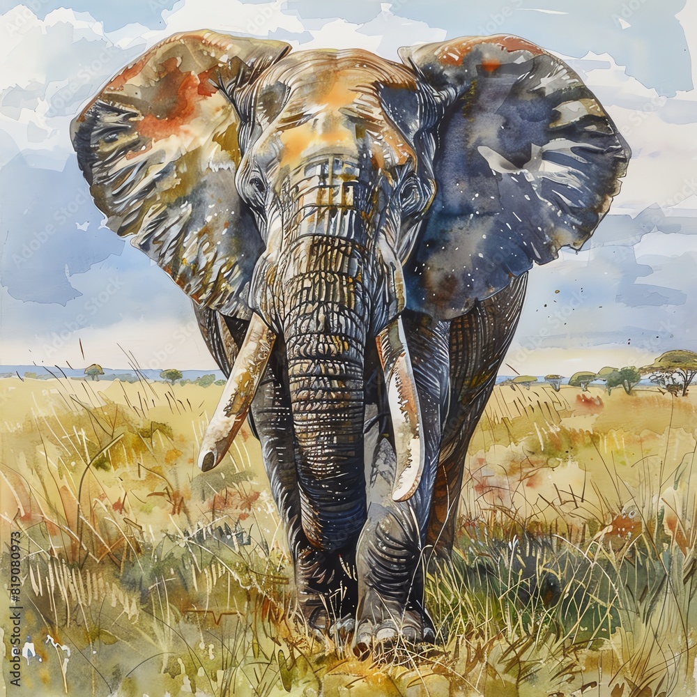 Fototapeta premium An elephant charges across the savanna