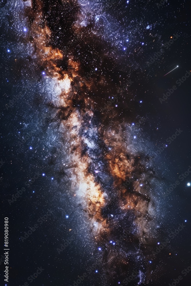 A galaxy with a long, thin stream of stars and a bright star in the background A galaxy with a long, thin stream of stars and a bright star in the background