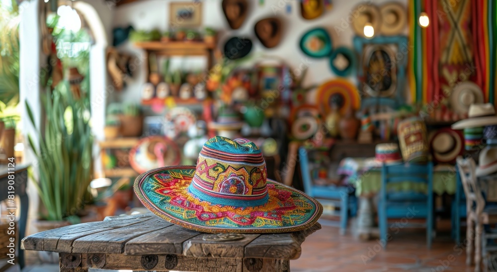 Colorful Hat Resting on Table in Mexican Shop