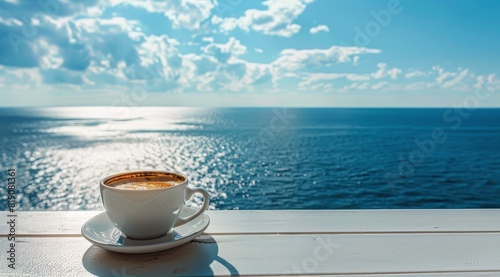 Coffee Cup on Wooden Deck Overlooking the Ocean