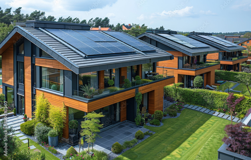 Modern townhouses with solar panels on the roof Modern townhouses with solar panels on the roof