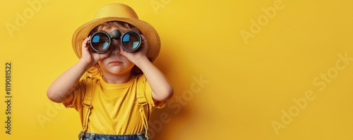 Young Boy With Binoculars and Hat on Yellow Background